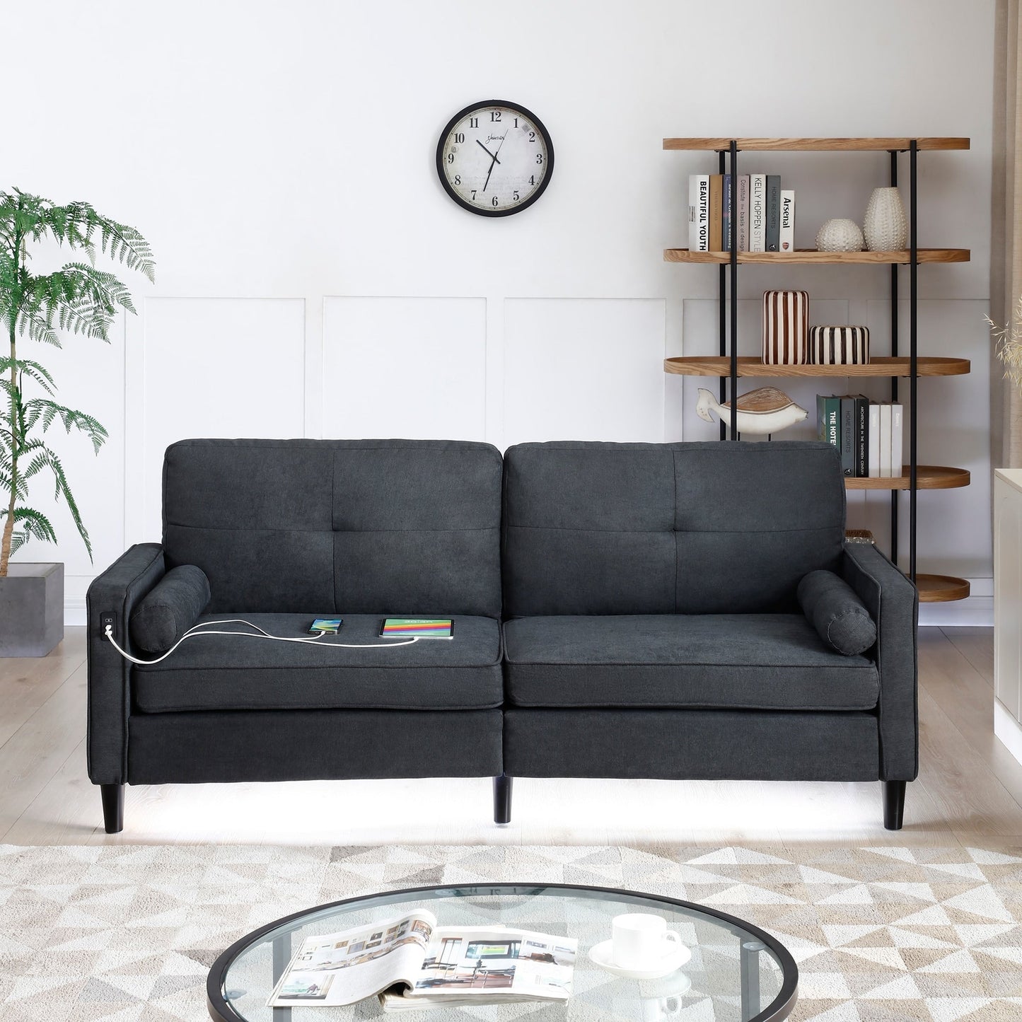 Divano moderno in lino nero da 75,2 posti con luci a LED e 2 porte USB per soggiorno