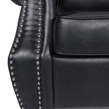 Divano moderno nero 80 in similpelle a 3 posti con gambe in legno di betulla e borchie per soggiorno