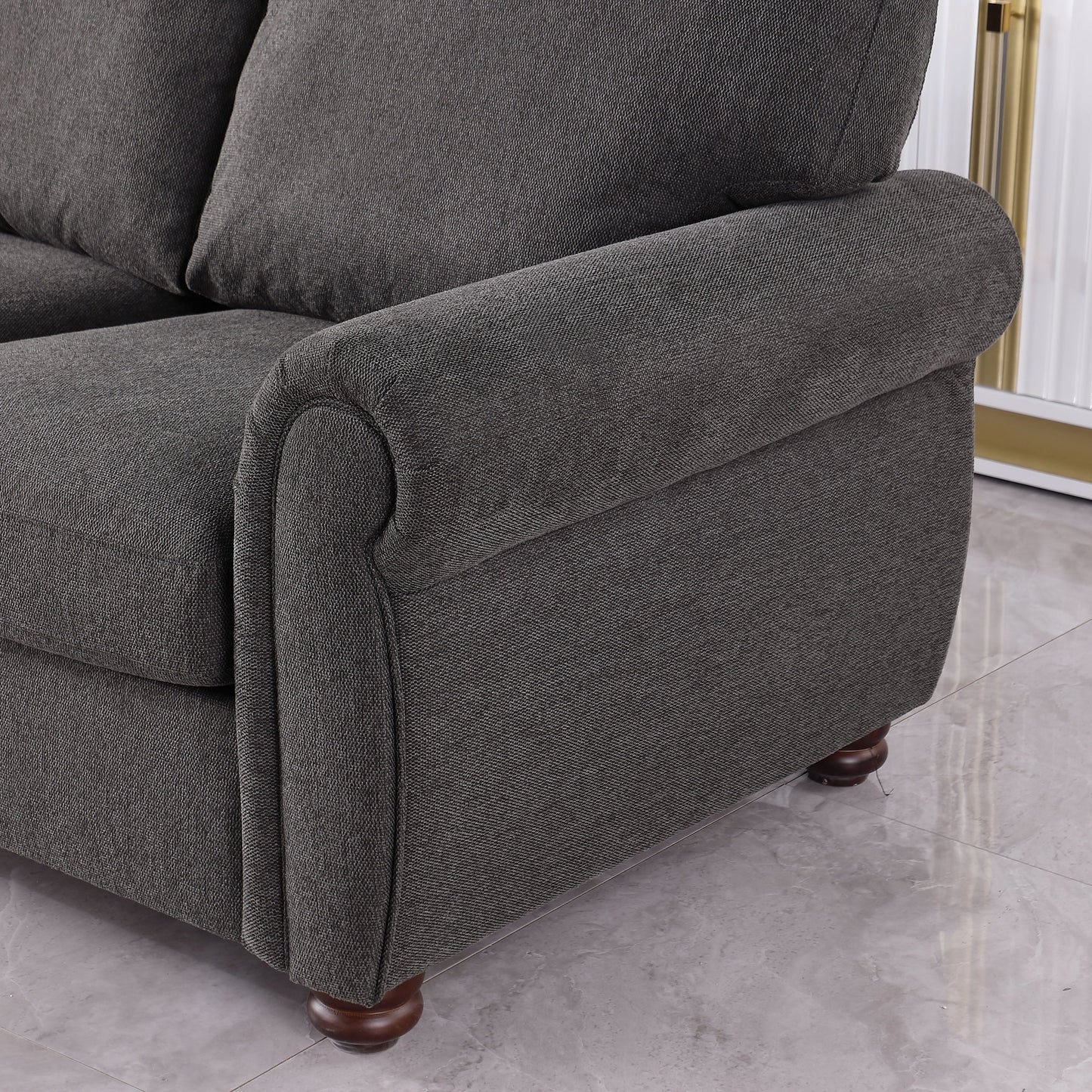 Divano moderno nero 84.6 in ciniglia a 3 posti con braccioli arrotolati e struttura in legno massello per soggiorno