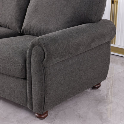 Divano moderno nero 84.6 in ciniglia a 3 posti con braccioli arrotolati e struttura in legno massello per soggiorno