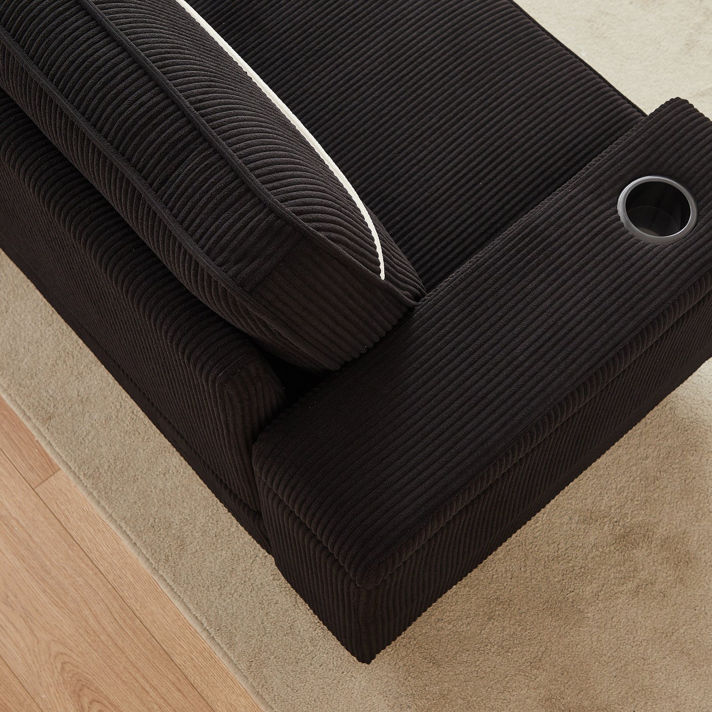 Divano moderno a 3 posti in velluto a coste nero 86,5 con due vani portaoggetti, porte di ricarica USB e 2 portabicchieri