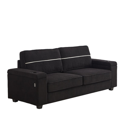 Divano moderno a 3 posti in velluto a coste nero 86,5 con due vani portaoggetti, porte di ricarica USB e 2 portabicchieri