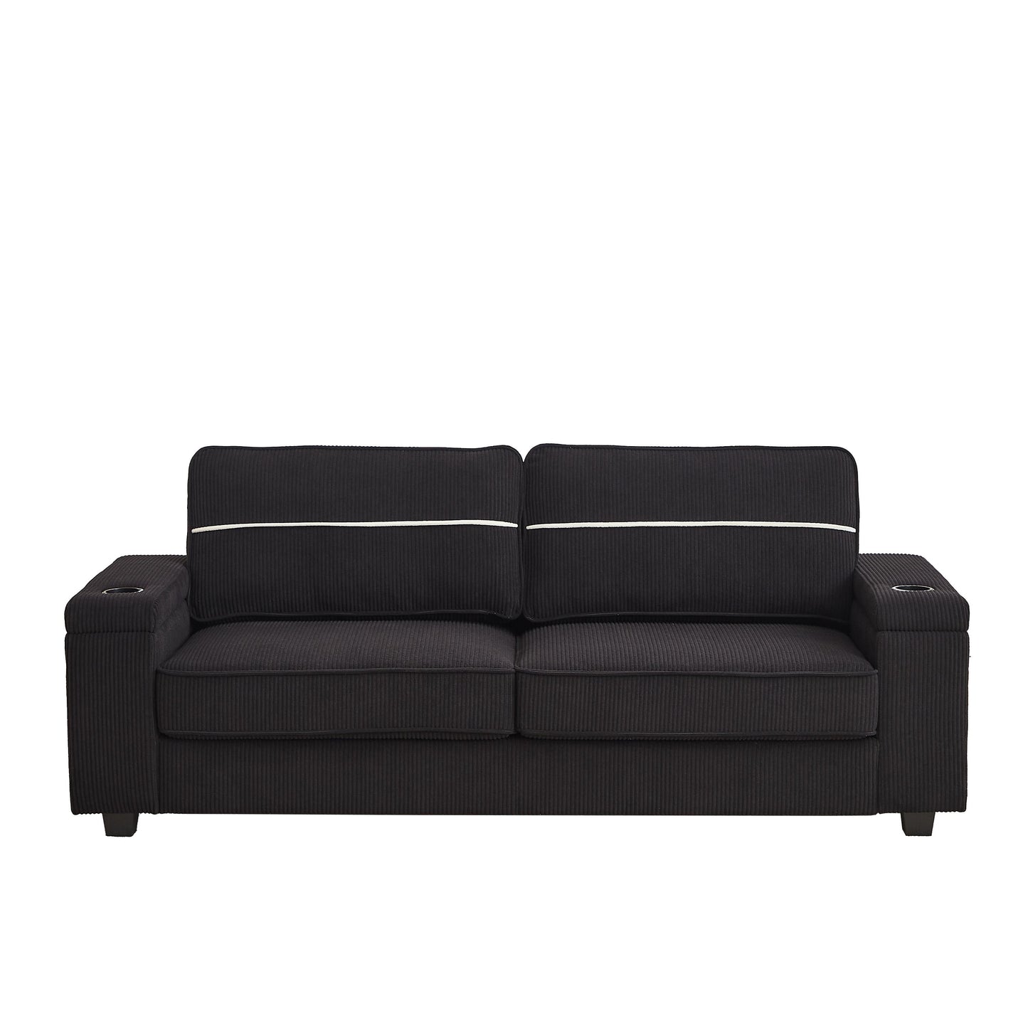 Divano moderno a 3 posti in velluto a coste nero 86,5 con due vani portaoggetti, porte di ricarica USB e 2 portabicchieri