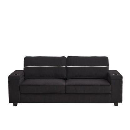 Divano moderno a 3 posti in velluto a coste nero 86,5 con due vani portaoggetti, porte di ricarica USB e 2 portabicchieri