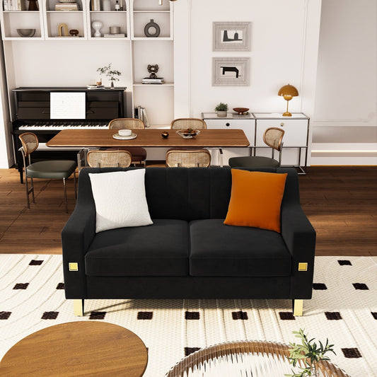 Divano a due posti moderno in velluto nero con dettagli dorati e cuscini morbidi per il soggiorno