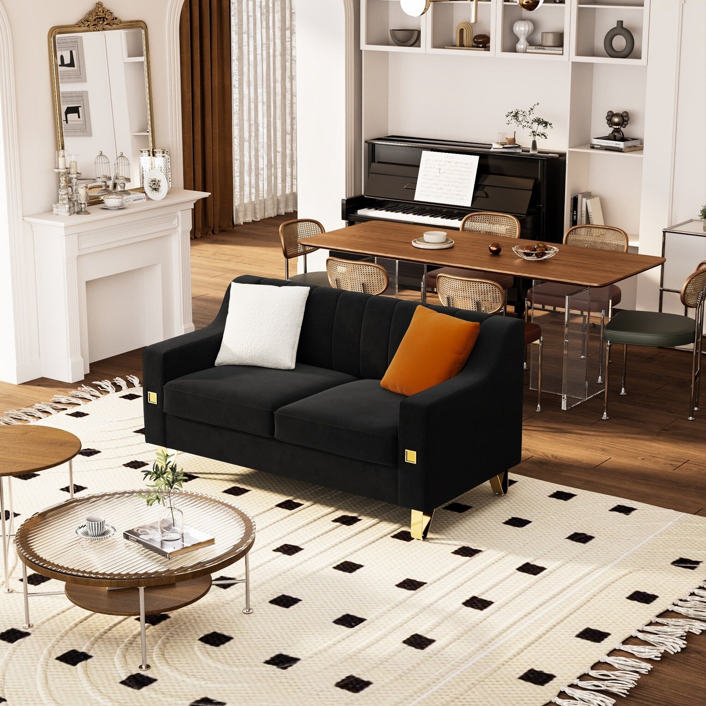 Divano a due posti moderno in velluto nero con dettagli dorati e cuscini morbidi per il soggiorno