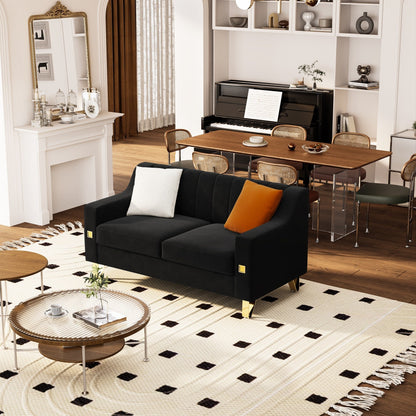 Divano a due posti moderno in velluto nero con dettagli dorati e cuscini morbidi per il soggiorno