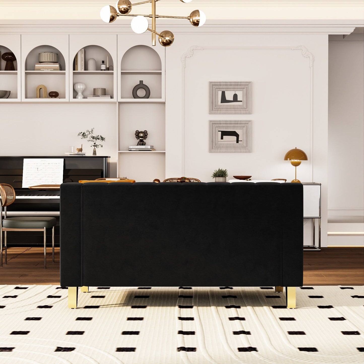 Divano a due posti moderno in velluto nero con dettagli dorati e cuscini morbidi per il soggiorno