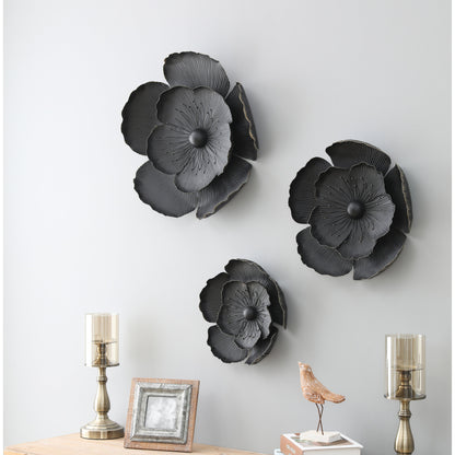 Decorazione da parete con fiori in metallo multi-dimensione grigio scuro e oro (set da 3)