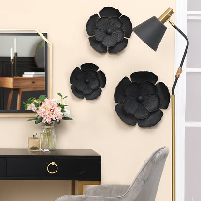Decorazione da parete con fiori in metallo multi-dimensione grigio scuro e oro (set da 3)