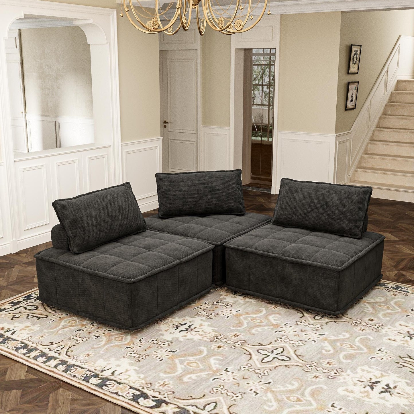 Set di divani modulari quadrati in ciniglia oversize nero da 3 pezzi con cuscini in schiuma ad alta densità, combinazione libera