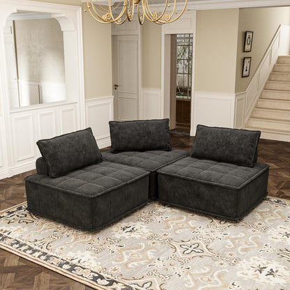 Set di divani modulari quadrati in ciniglia oversize nero da 3 pezzi con cuscini in schiuma ad alta densità, combinazione libera