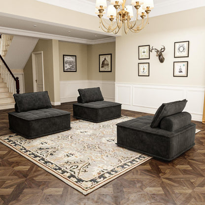 Set di divani modulari quadrati in ciniglia oversize nero da 3 pezzi con cuscini in schiuma ad alta densità, combinazione libera