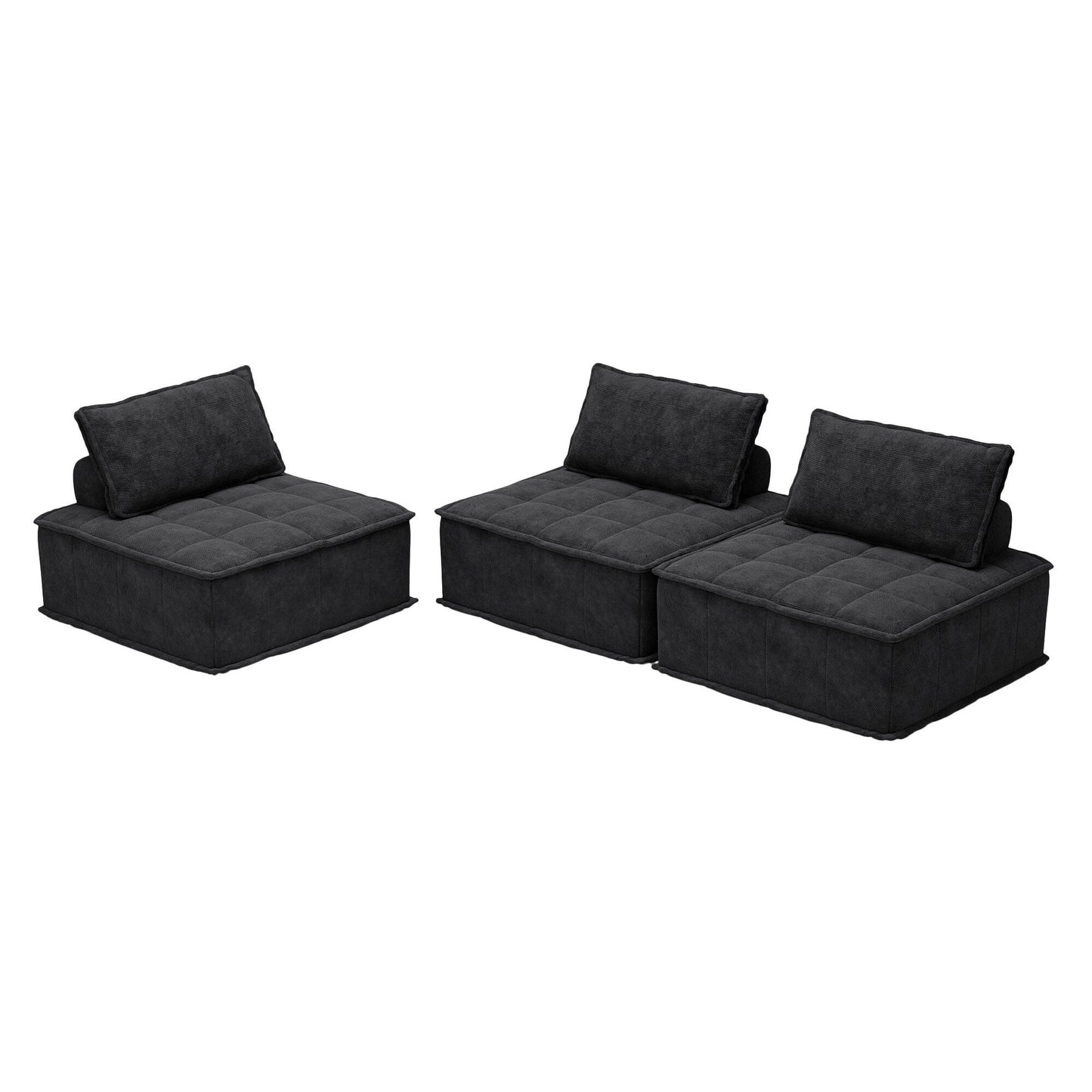 Set di divani modulari quadrati in ciniglia oversize nero da 3 pezzi con cuscini in schiuma ad alta densità, combinazione libera
