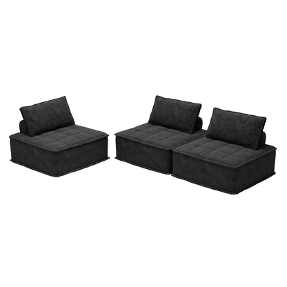Set di divani modulari quadrati in ciniglia oversize nero da 3 pezzi con cuscini in schiuma ad alta densità, combinazione libera