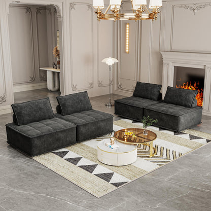 Set di divani modulari quadrati in ciniglia nera oversize da 4 pezzi con cuscini in schiuma ad alta densità, combinazione libera