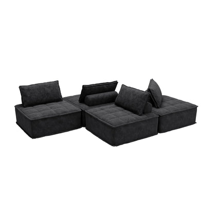 Set di divani modulari quadrati in ciniglia nera oversize da 4 pezzi con cuscini in schiuma ad alta densità, combinazione libera