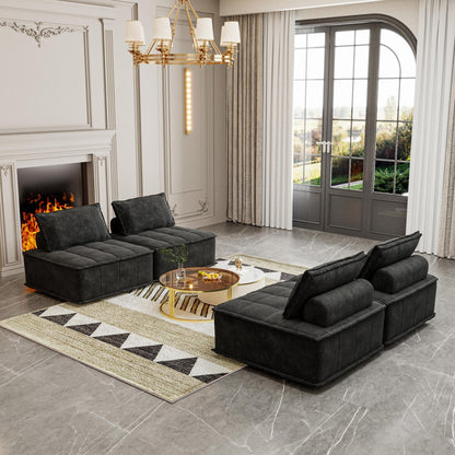 Set di divani modulari quadrati in ciniglia nera oversize da 4 pezzi con cuscini in schiuma ad alta densità, combinazione libera