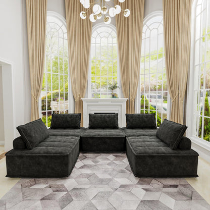 Set di divani modulari quadrati in ciniglia oversize nero da 5 pezzi con cuscini in schiuma ad alta densità, combinazione libera