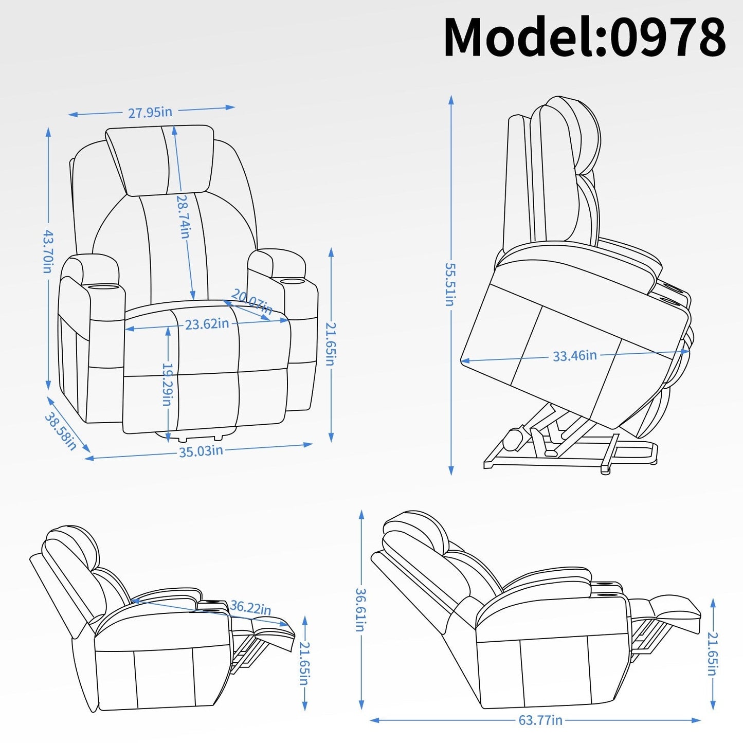 Poltrona reclinabile elettrica nera con motore Okin, massaggio vibrante a 8 punti, riscaldamento lombare, doppio portabicchieri e porte USB