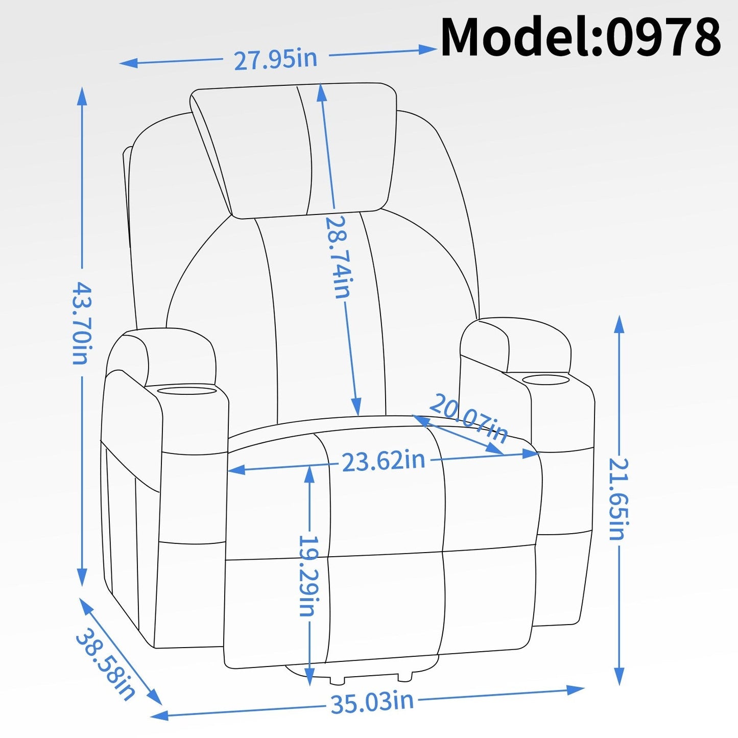 Poltrona reclinabile elettrica nera con massaggio vibrante, riscaldamento lombare e portabicchieri