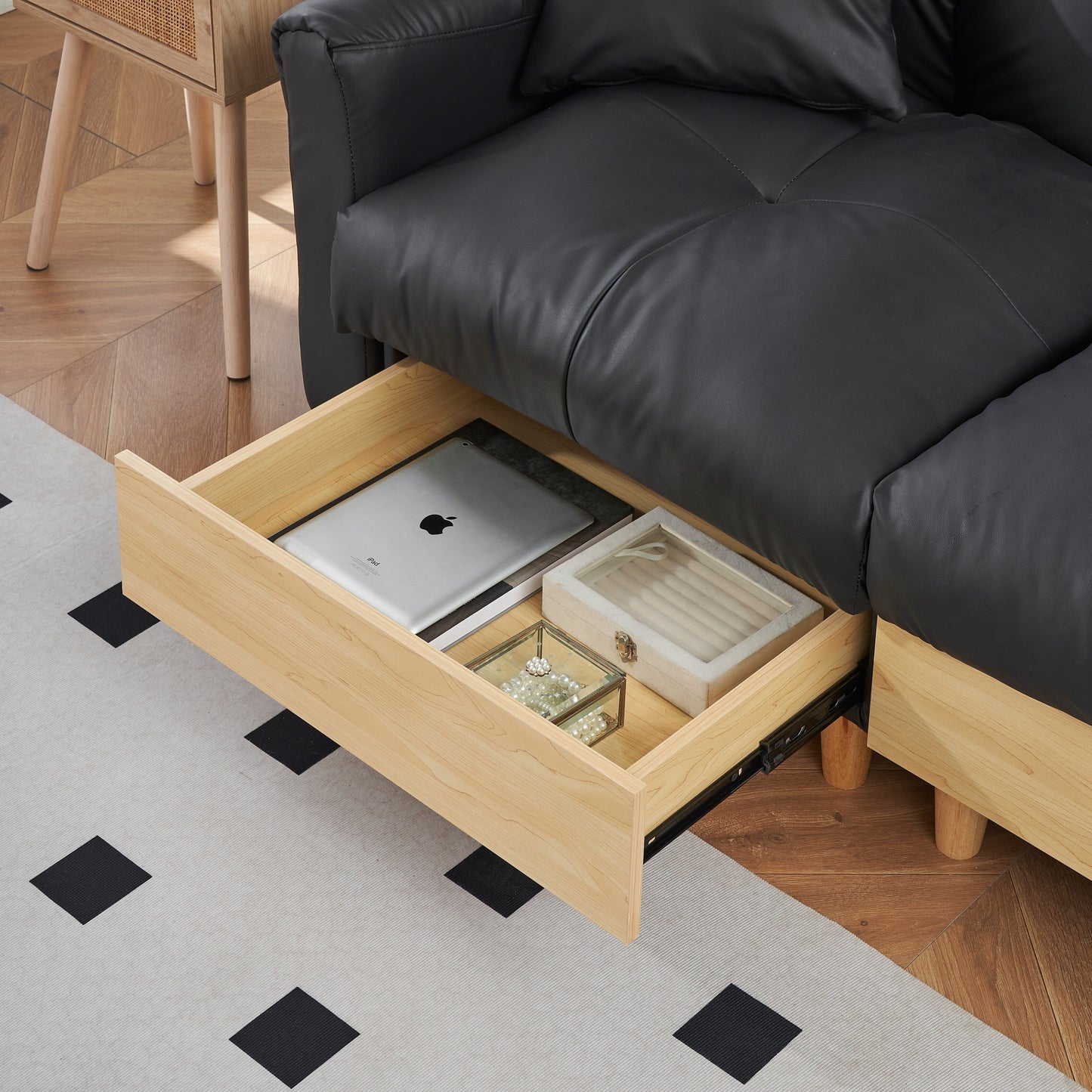 Divano letto imbottito moderno a 3 posti in tessuto tecnico nero 84.64 con cuscini, seduta contenitore e cassetto