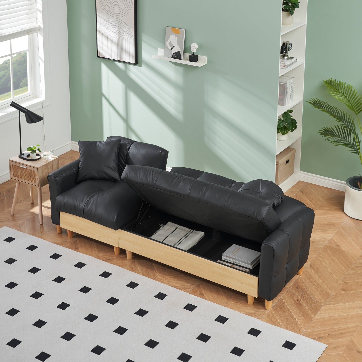 Divano letto imbottito moderno a 3 posti in tessuto tecnico nero 84.64 con cuscini, seduta contenitore e cassetto