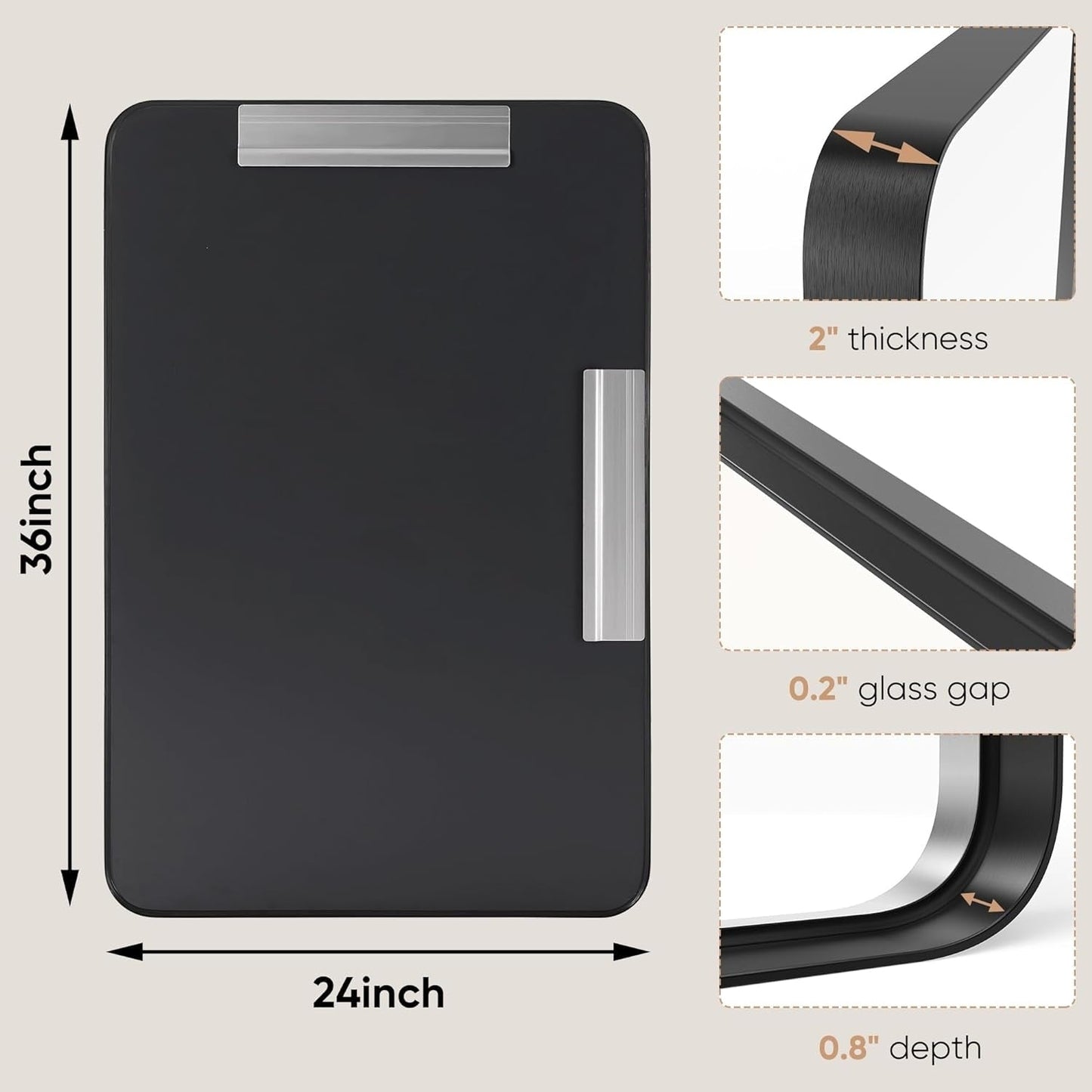 Specchi da bagno rettangolari arrotondati con cornice in lega di alluminio nero, da appendere sopra il lavandino, orizzontalmente o verticalmente.