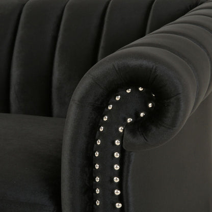 Divano a 3 posti in velluto nero con braccioli arrotolati e trapuntatura a bottoni