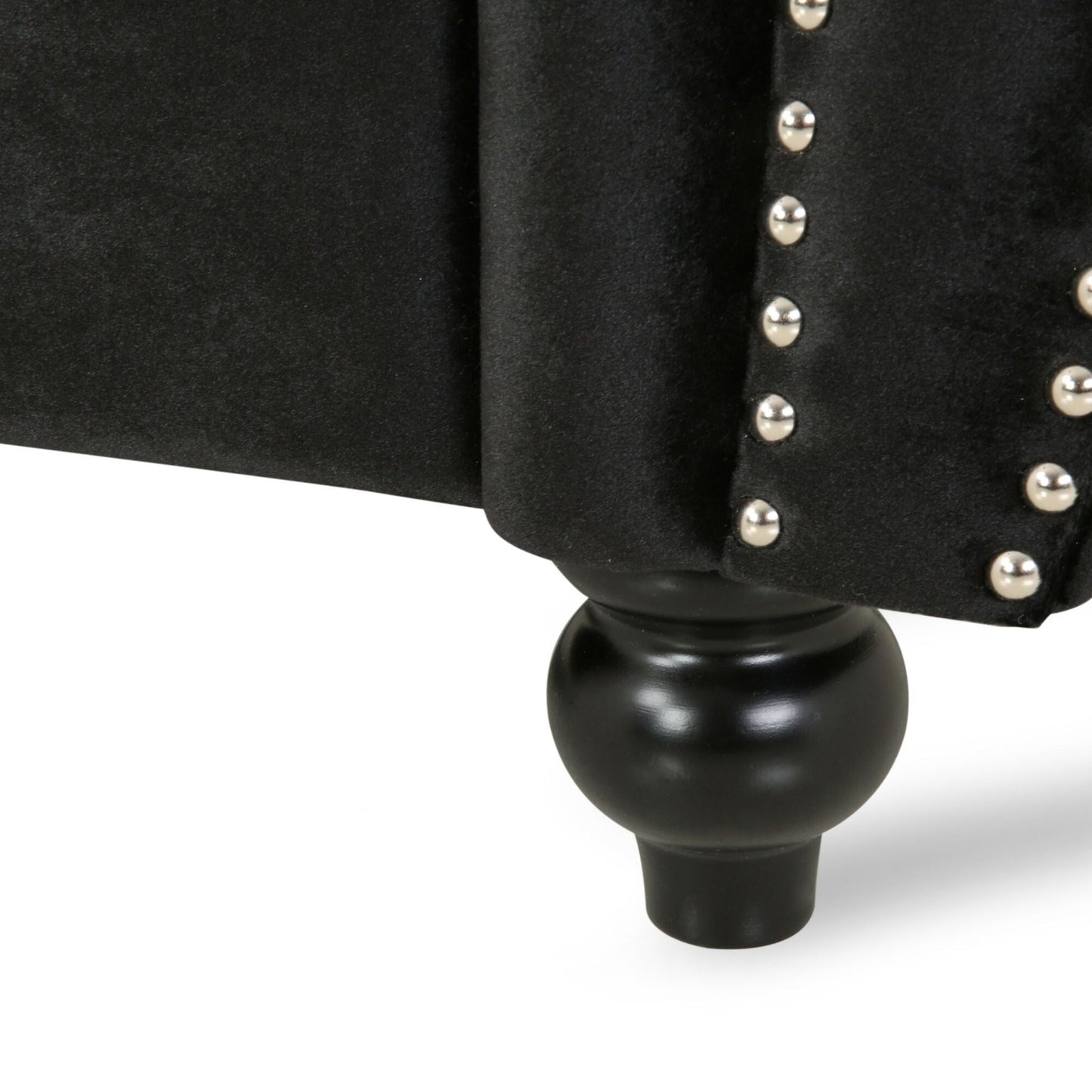 Divano a 3 posti in velluto nero con braccioli arrotolati e trapuntatura a bottoni