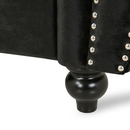 Divano a 3 posti in velluto nero con braccioli arrotolati e trapuntatura a bottoni