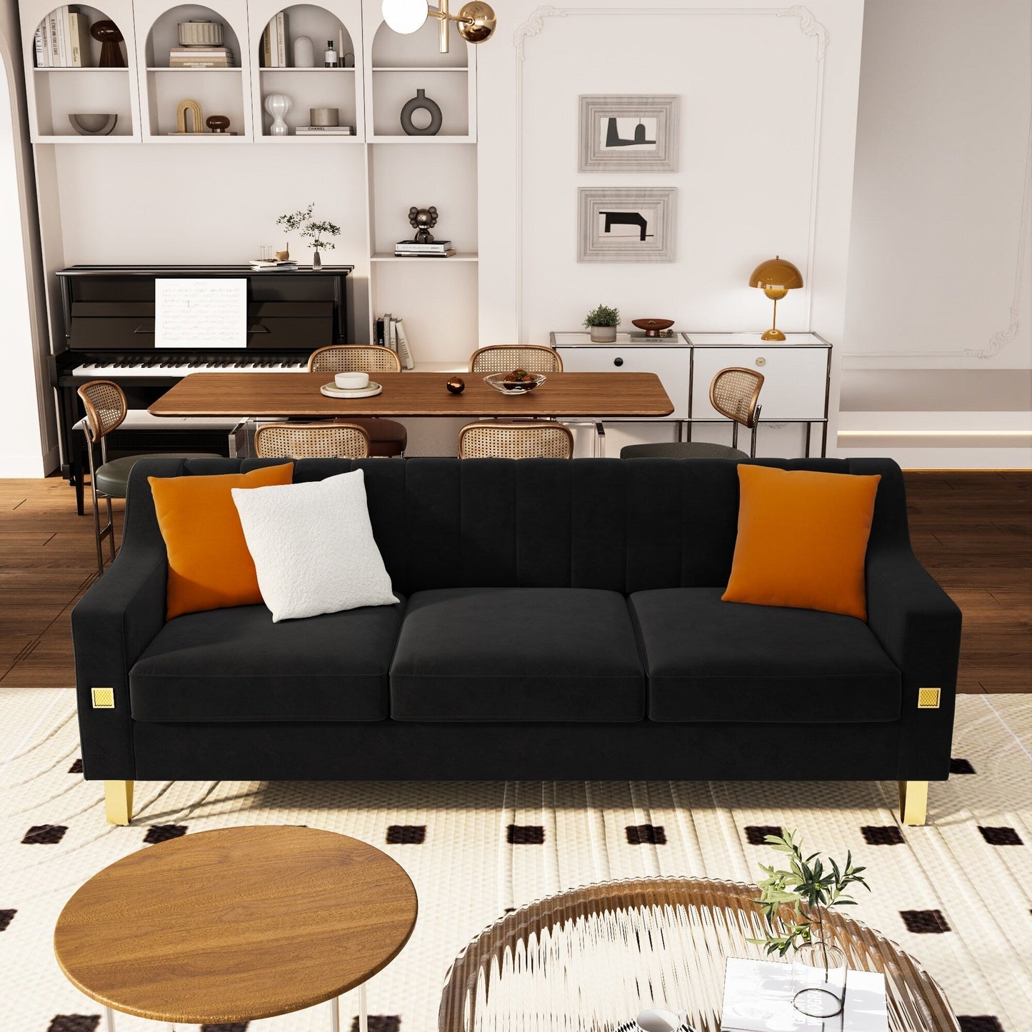 Divano a 3 posti in velluto nero con dettagli dorati