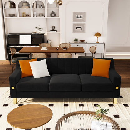 Divano a 3 posti in velluto nero con dettagli dorati