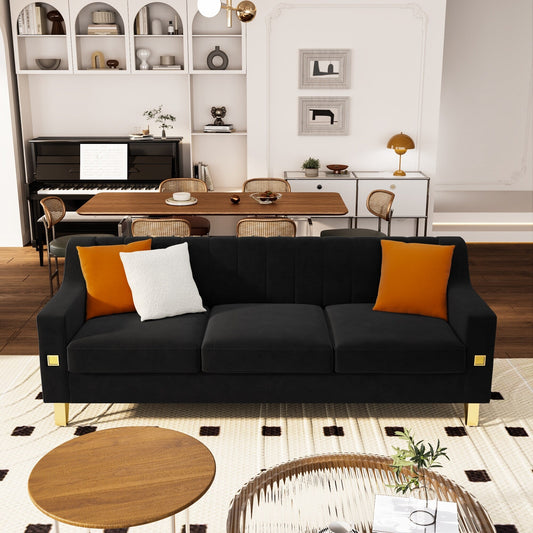 Divano a 3 posti in velluto nero con dettagli dorati
