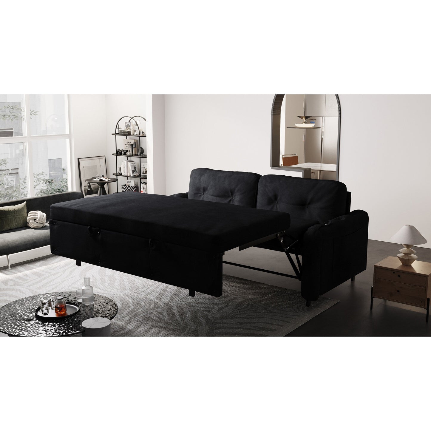 Divano letto trasformabile in velluto nero con contenitore