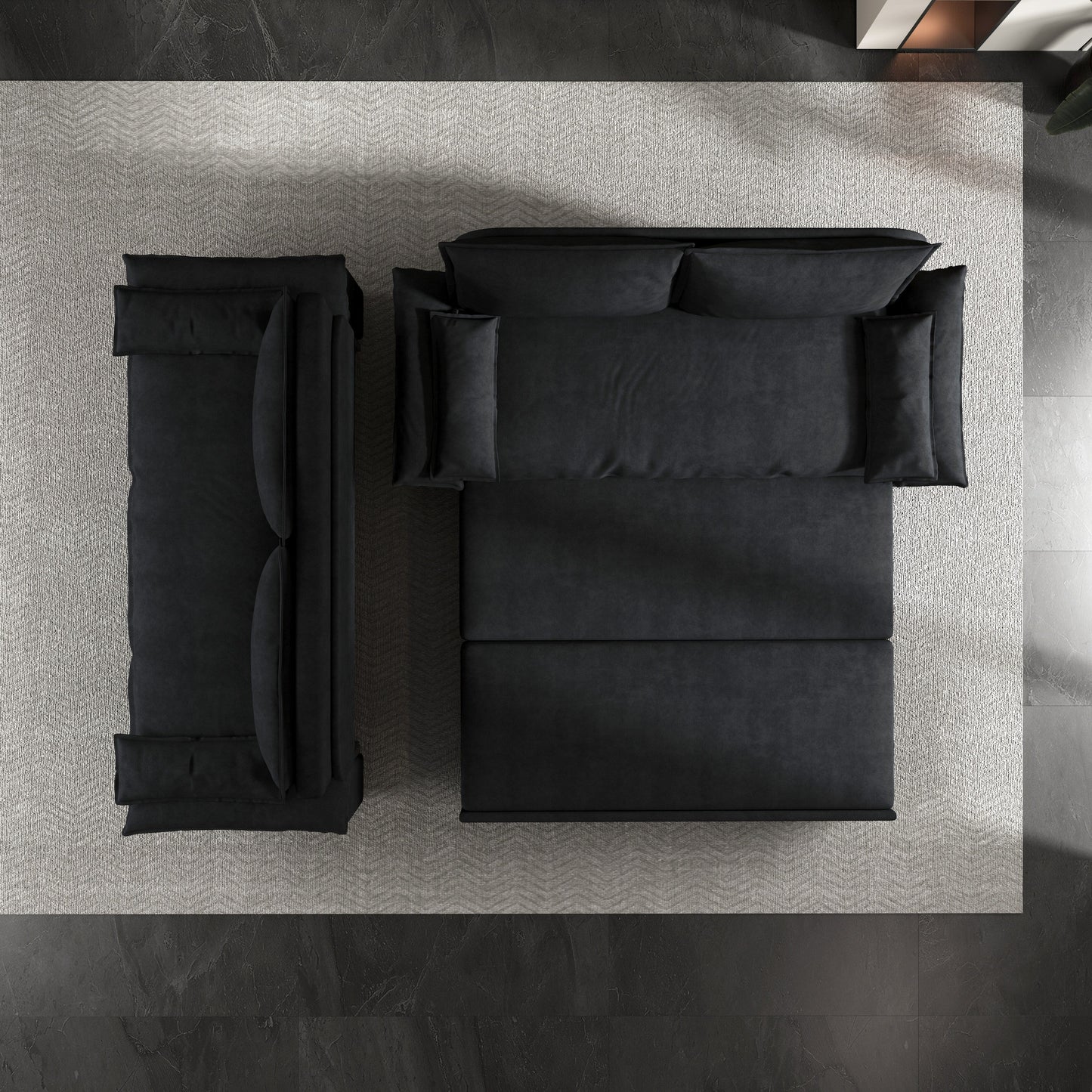 Divano letto estraibile in velluto nero con morbidi cuscini