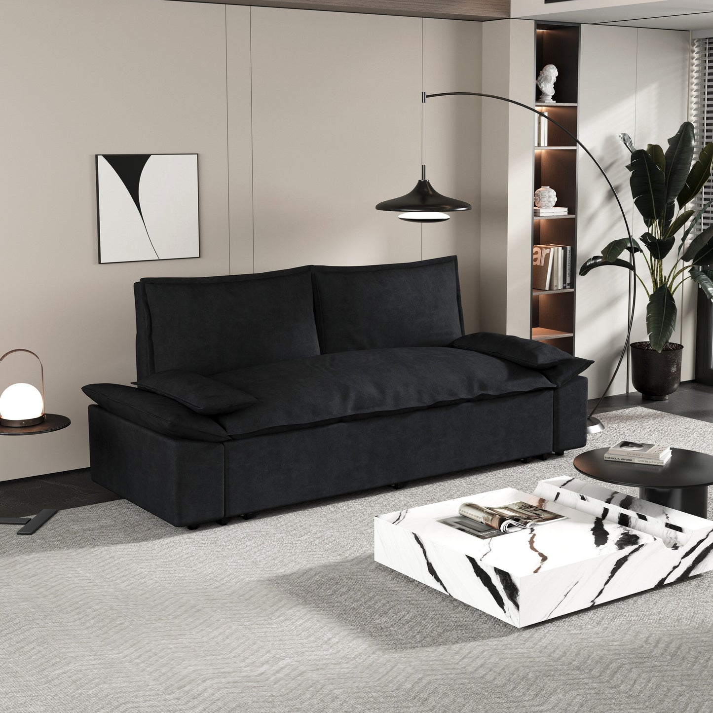 Divano letto estraibile in velluto nero con morbidi cuscini