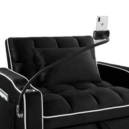 Divano letto singolo convertibile in velluto nero con porta di ricarica USB