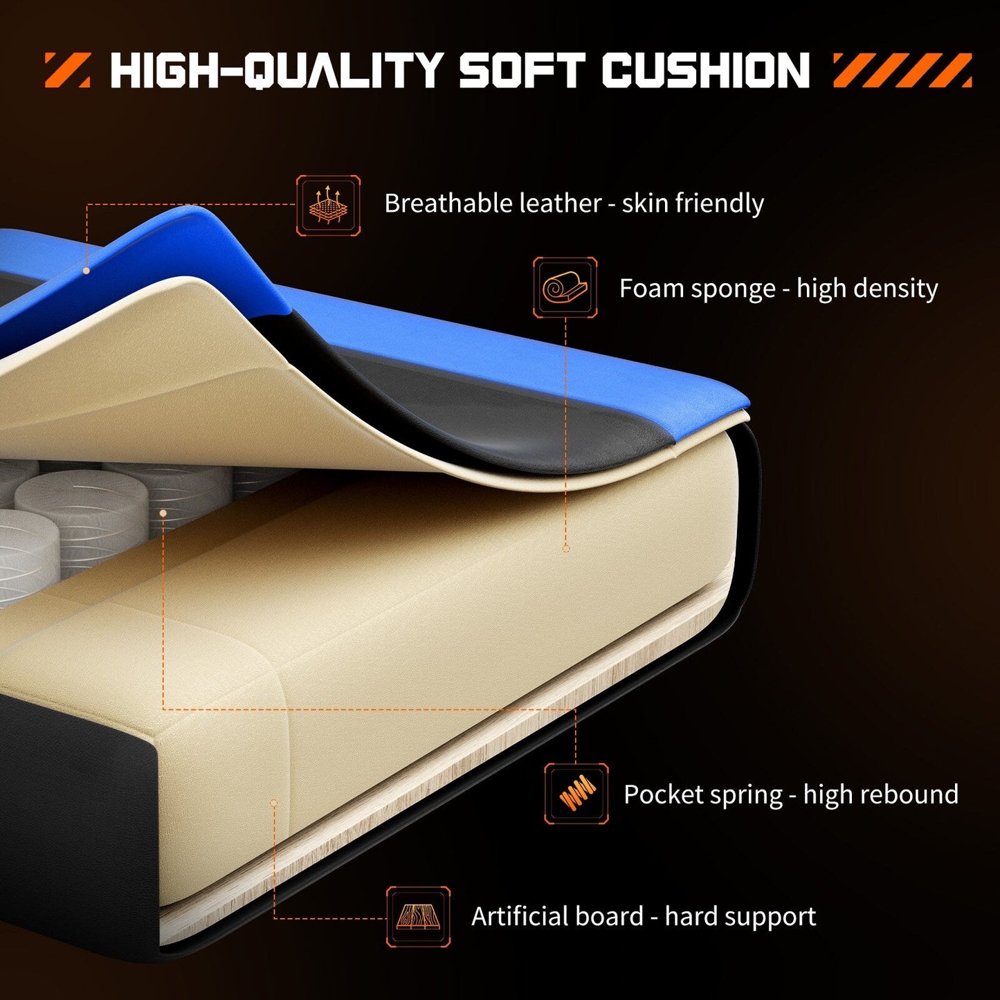 Poltrona reclinabile da gioco ergonomica in pelle PU nera e blu con poggiapiedi, poggiatesta, supporto lombare e altezza regolabile, girevole a 360°