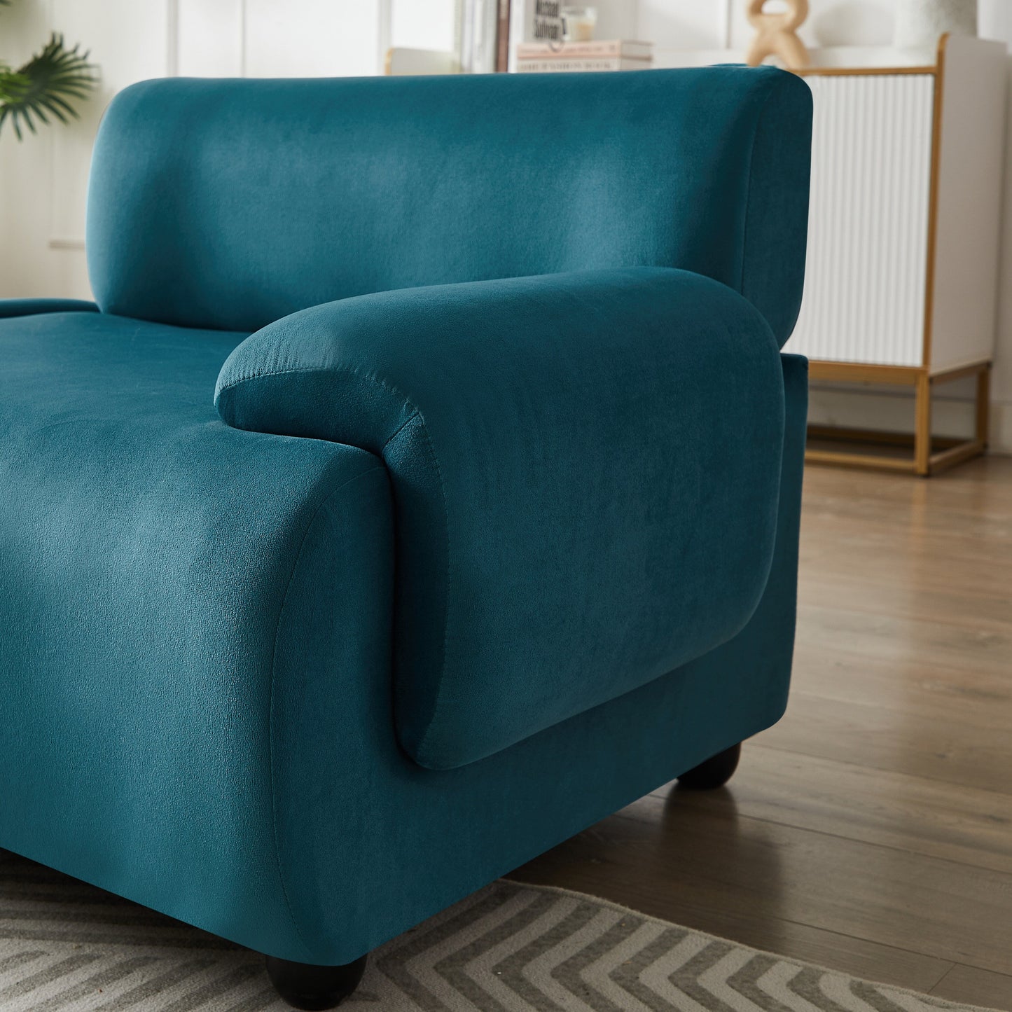 Divano trasformabile a L in tessuto Blue 105 con pouf