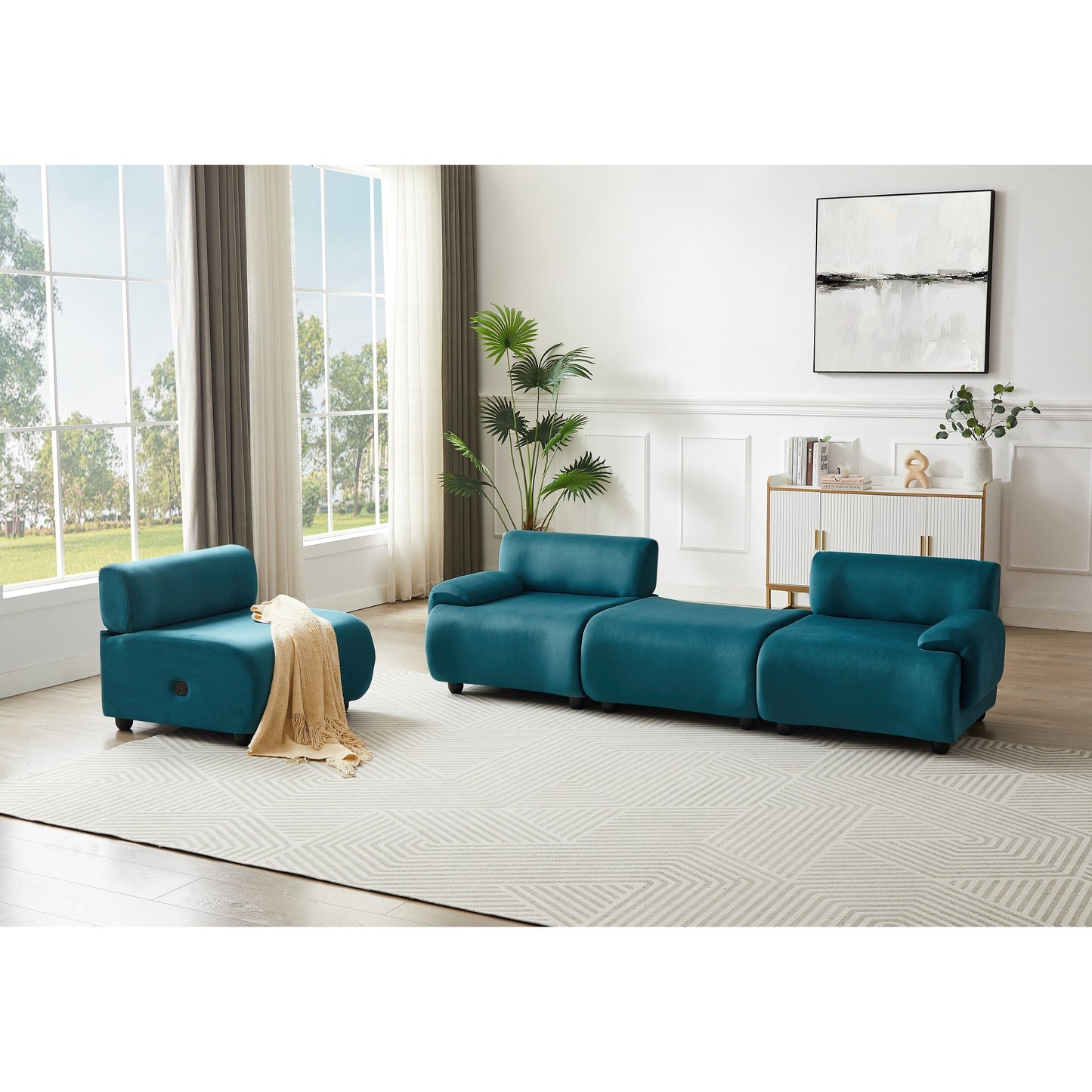 Divano componibile modulare grande Blue 105 a 3 posti con pouf mobile, seduta profonda e struttura in legno massello