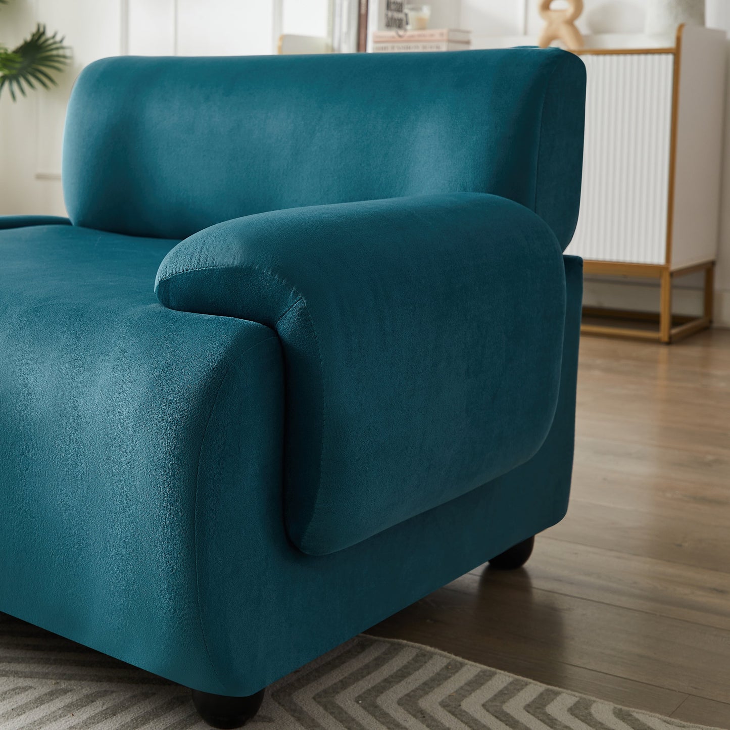 Divano componibile convertibile in tessuto a forma di L blu da 105'' con pouf mobile e seduta profonda