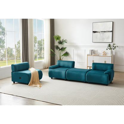 Divano componibile convertibile in tessuto a forma di L blu da 105'' con pouf mobile e seduta profonda