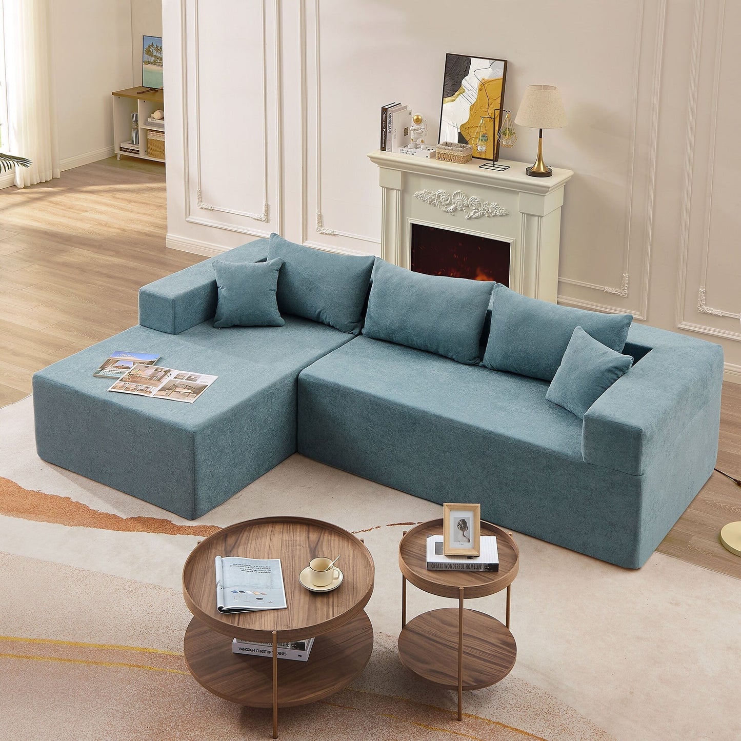 Divano componibile a 3 posti a forma di L in tessuto blu da 107,48'' con chaise longue e cuscini da 16,53 pollici, combinazione libera di 2 pezzi