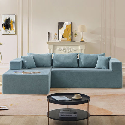 Divano componibile a 3 posti a forma di L in tessuto blu da 107,48'' con chaise longue e cuscini da 16,53 pollici, combinazione libera di 2 pezzi
