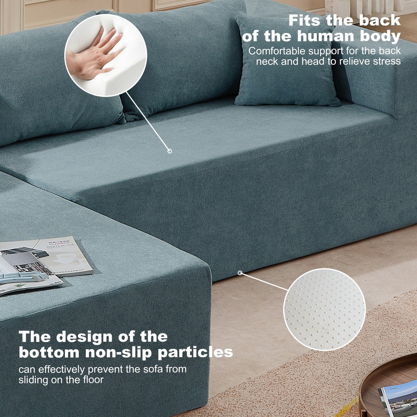 Divano componibile a L in tessuto blu da 107,48'' con chaise longue, cuscini da 16,53 pollici e combinazione libera da 2 pezzi