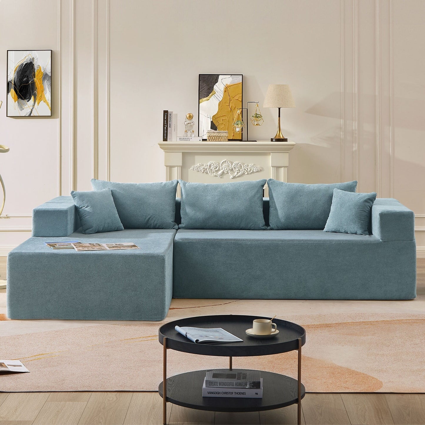 Divano componibile a L in tessuto blu da 107,48'' con chaise longue, cuscini da 16,53 pollici e combinazione libera da 2 pezzi