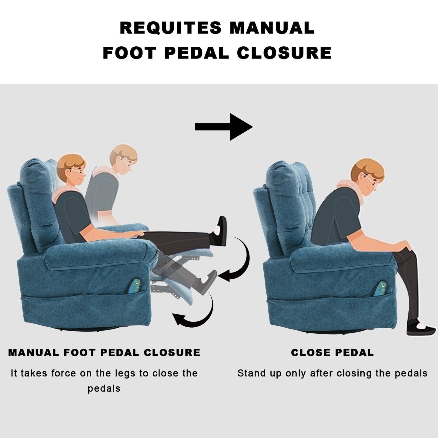 Poltrona reclinabile girevole a 360° blu con massaggio vibrante, riscaldamento lombare, tasche laterali