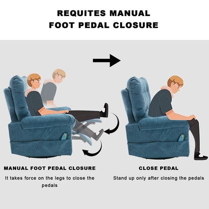 Poltrona reclinabile girevole a 360° blu con massaggio vibrante, riscaldamento lombare, tasche laterali