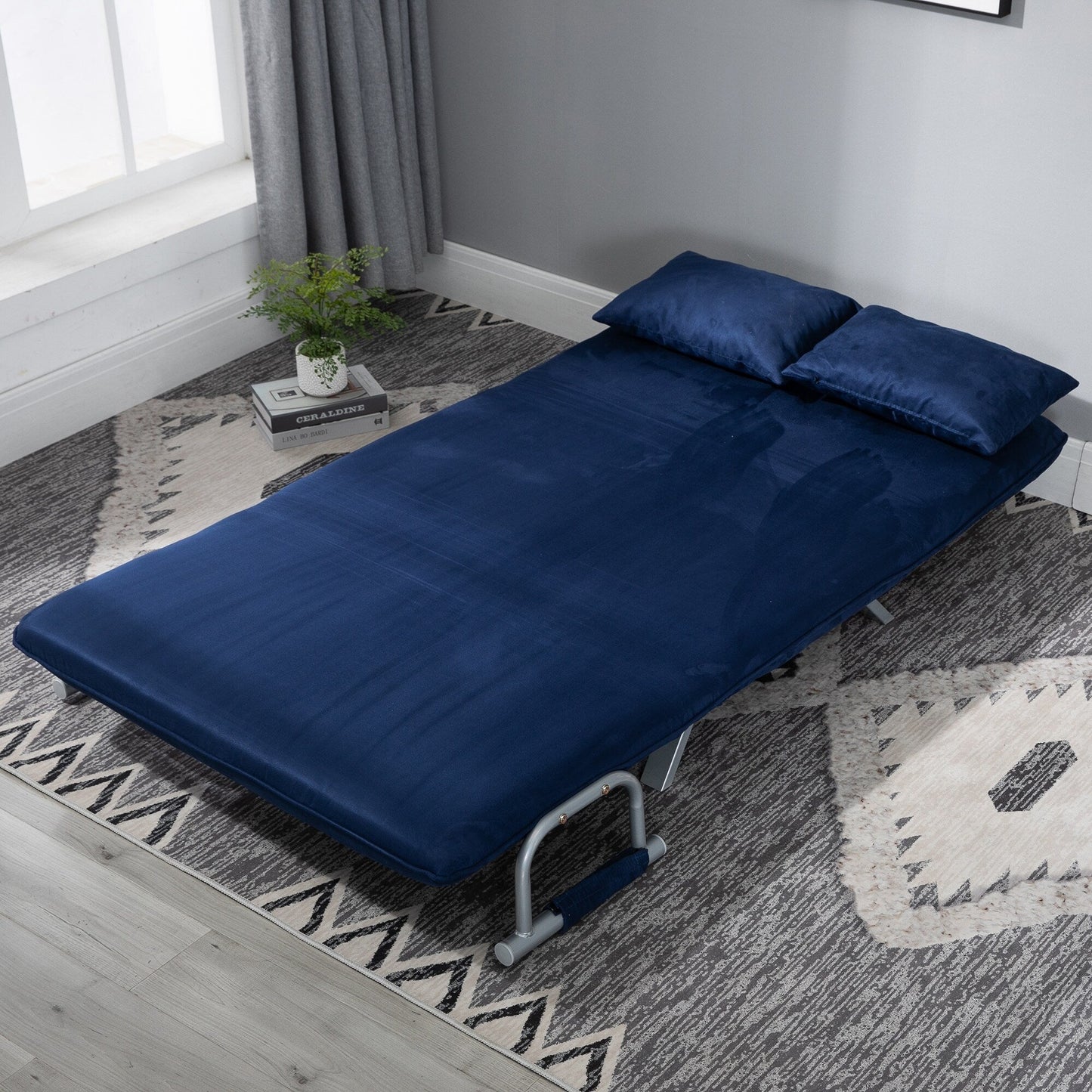 Divano letto pieghevole a due posti blu da 43,8 pollici, con cuscino e struttura in acciaio, per ufficio in casa
